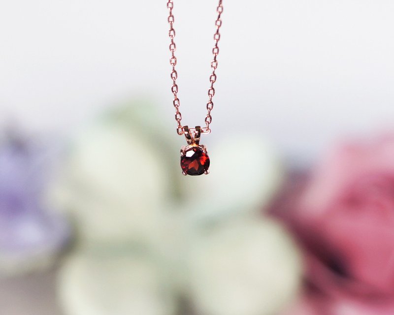 Top quality red Stone 5mm sterling silver Rose Gold necklace - January birthstone - สร้อยคอ - คริสตัล สีน้ำเงิน