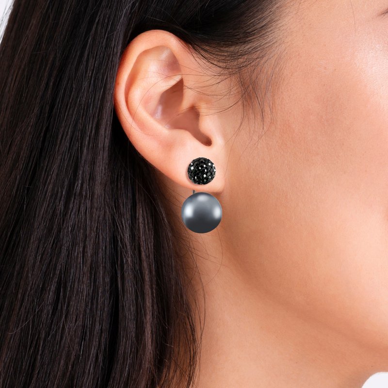 Pave Austrian jet hematite crystal ball with dark gray pearl earrings - ต่างหู - คริสตัล 