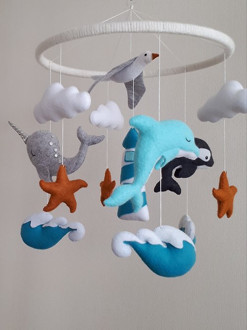Felt Dreams Designs Ocean mobile baby nursery decor, sea fish & waves crib mobile, baby shower gift