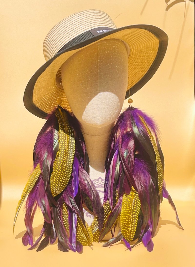 Stunning Long Purple & Yellow Polka Dot Feather Earrings - 耳環/耳夾/耳骨夾 - 其他材質 紫色