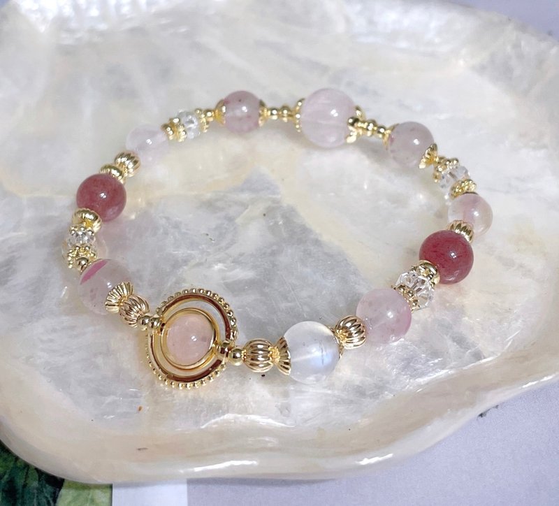 Sakura Rain Rose Glow/Moonstone/White Quartz/Pink Quartz/Strawberry Quartz/Elastic 14K color-preserving bracelet - สร้อยข้อมือ - โลหะ ขาว