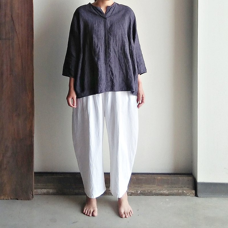 Small V-neck eight-quarter sleeves linen gray purple/optional colors - เสื้อผู้หญิง - ผ้าฝ้าย/ผ้าลินิน สีม่วง