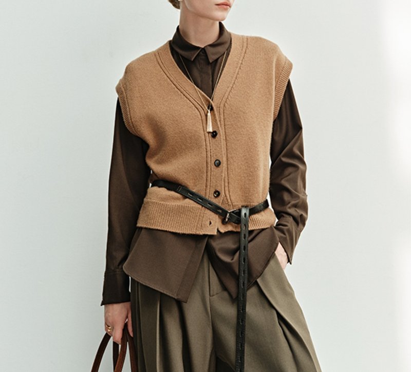 【100%羊毛】法式簡約 老錢風V領/疊穿開衫馬夾 - 背心/無袖上衣 - 羊毛 多色