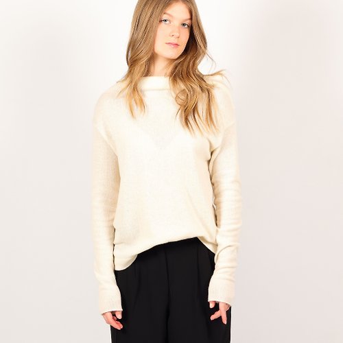 Krista Elsta Off the shoulder cashmere sweater, cowl neck jumper, natural white pullover