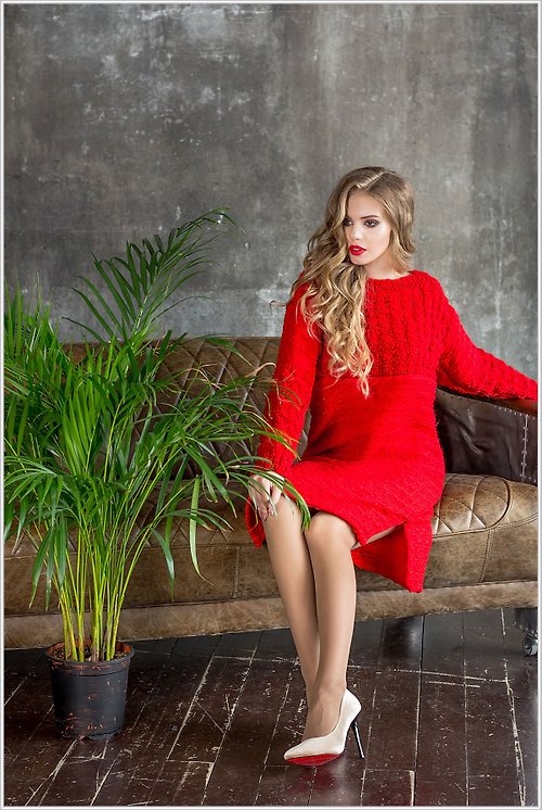 Knittessa Red Knit Dress Tunic with fabric trim. Hand Knitted. High-quality handmade.