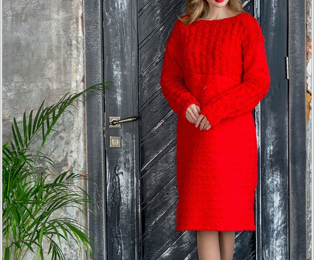 Red Knit Dress Tunic with fabric trim. Hand Knitted. High-quality handmade.  - Shop Knittessa One Piece Dresses - Pinkoi