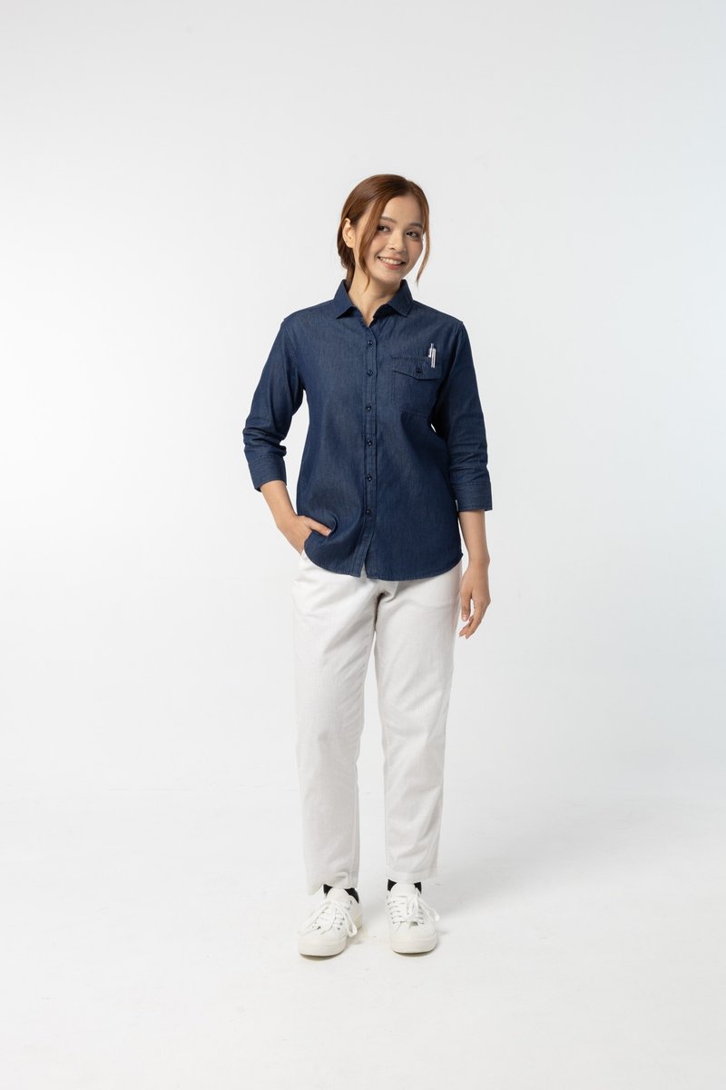 Indigo work shirt (Indigo Blue, 3/4 sleeve) (2 Pcs.) 長袖襯衫 - 女襯衫 - 棉．麻 藍色