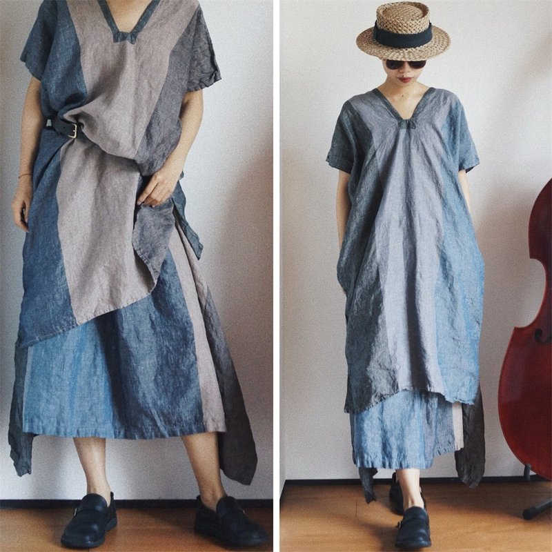 Black brown camel blue gray V-neck dress double-sided rectangular dress Italian sand-washed linen dress - One Piece Dresses - Cotton & Hemp Blue