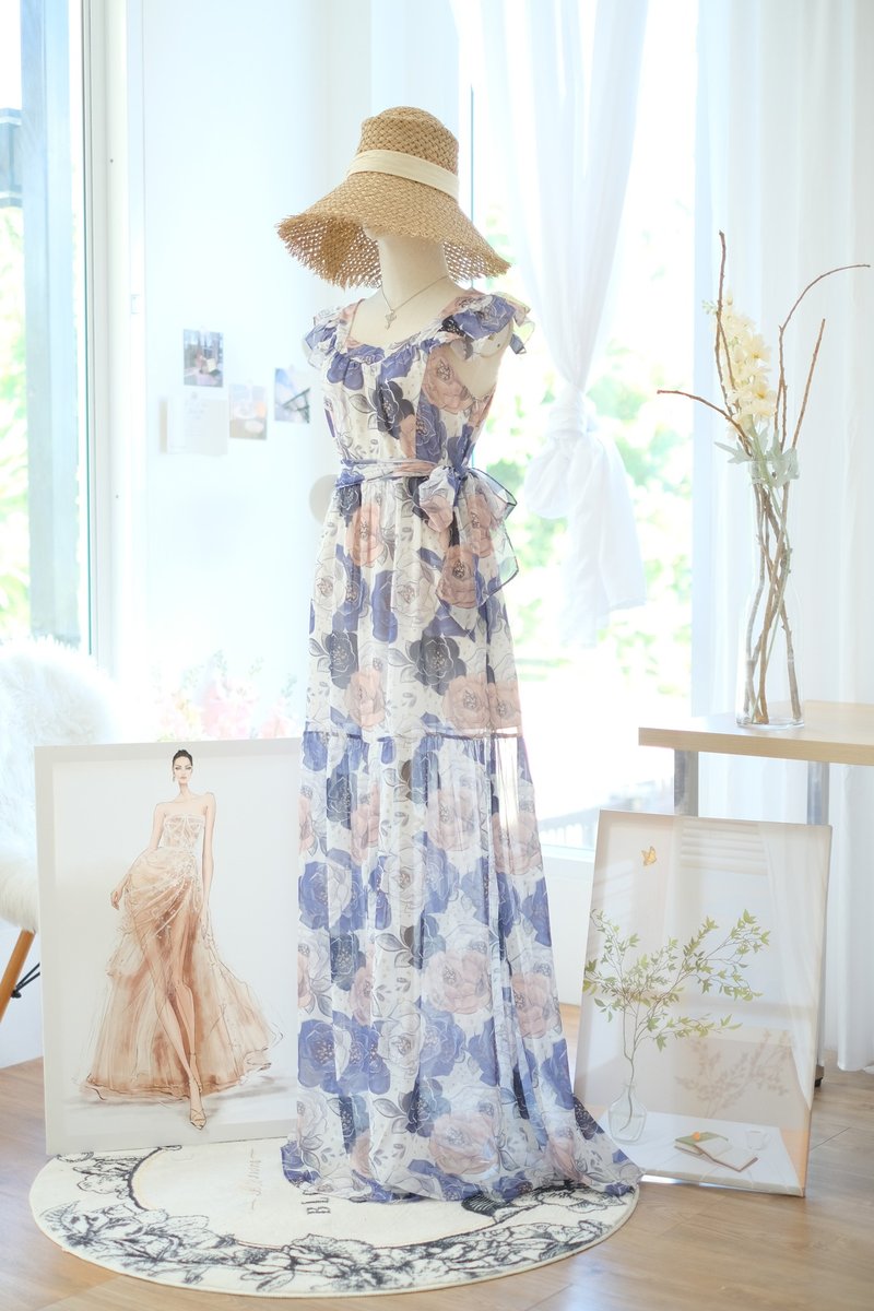 Royal blue floral summer vintage dress Maxi floral chiffon party dress - 洋裝/連身裙 - 聚酯纖維 藍色