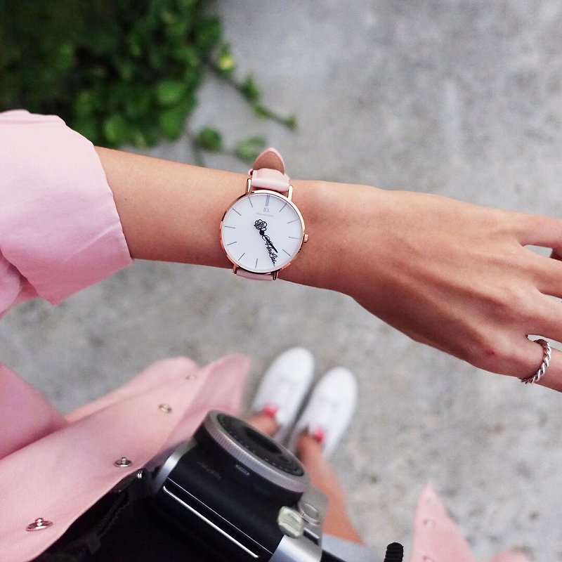 客製化指針手錶-36mm經典Pink粉皮革小錶款 - 女裝錶 - 真皮 粉紅色