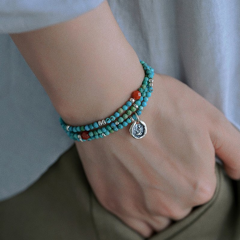 Wuxiangzizi 925 Silver turquoise beads 3-turn bracelet necklace dual-purpose retro Bodhisattva gift for men and women - Bracelets - Semi-Precious Stones 