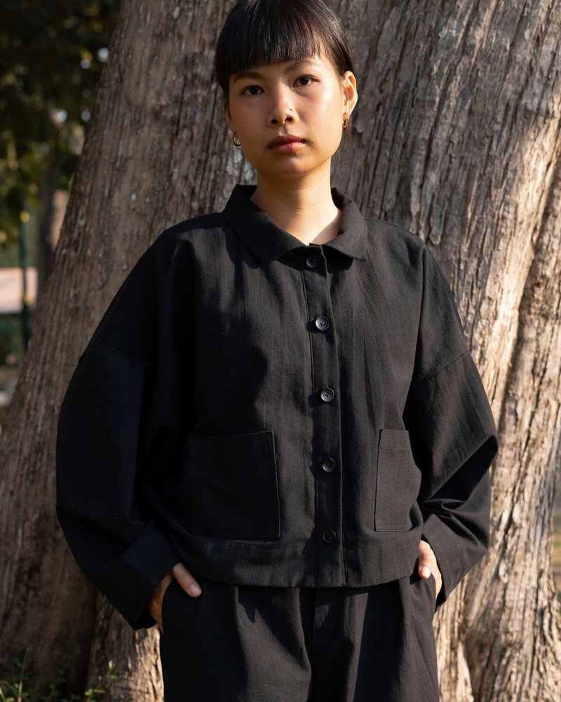 Black Ray Shirt - 手工編織長袖襯衫 - 女襯衫 - 棉．麻 黑色