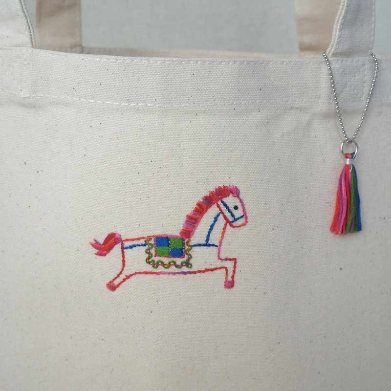the oriental zodiac Tote bag with hand embroidery "horse" [order-receiving production] - Handbags & Totes - Thread White