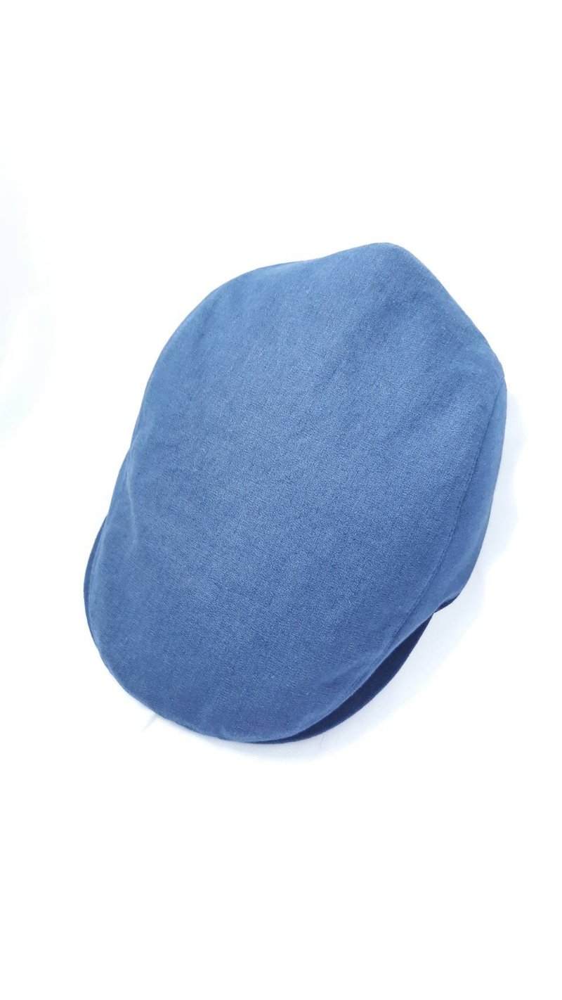 青藍亞麻狩獵帽(Flat Cap) - 帽子 - 棉．麻 藍色
