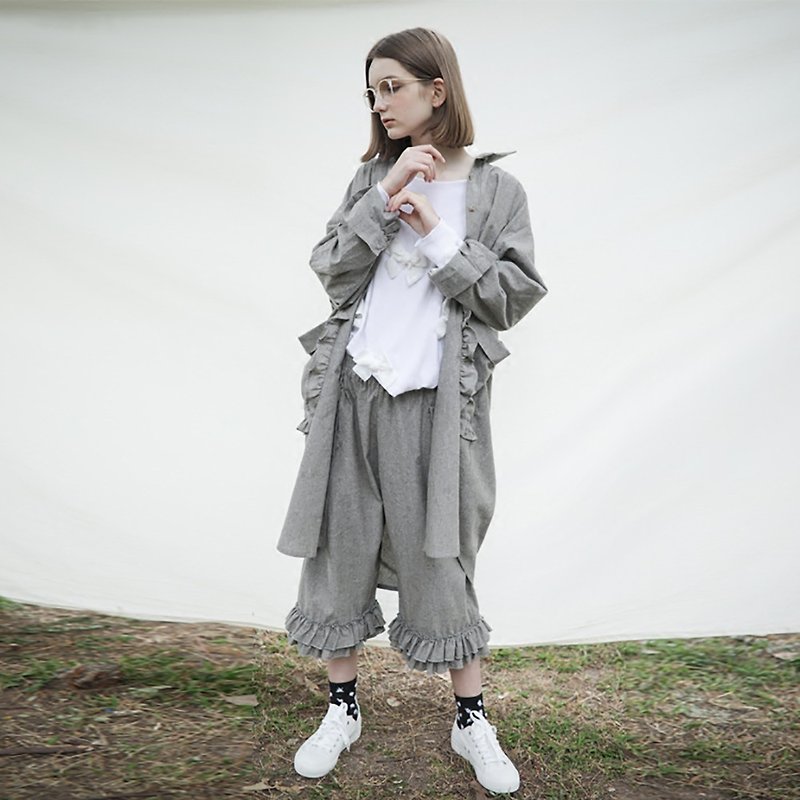 Gray lace long coat long shirt - imakokoni - เสื้อเชิ้ตผู้หญิง - ผ้าฝ้าย/ผ้าลินิน สีเทา