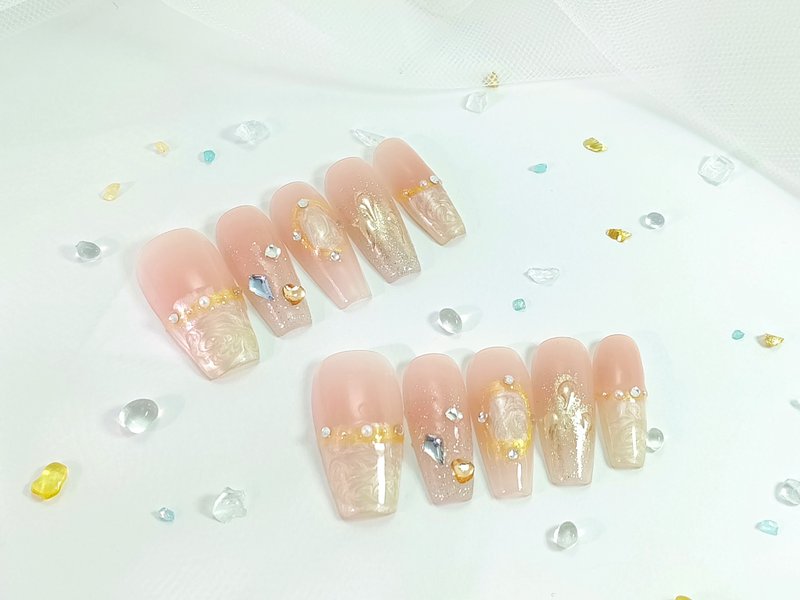 【YUE】モーニングミストゴールド - ソフトマットパールフレームプレスオンネイル - その他 - プラスチック ホワイト