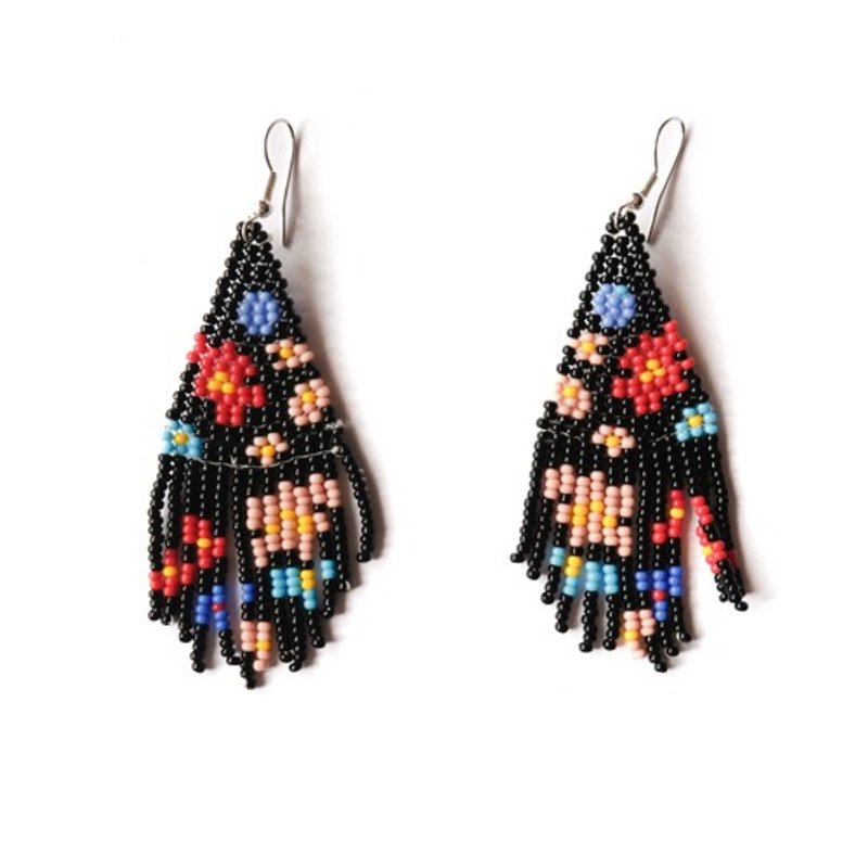 Bead Tassel Clip-On Frida's Flowers / Black - ต่างหู - วัสดุอื่นๆ 