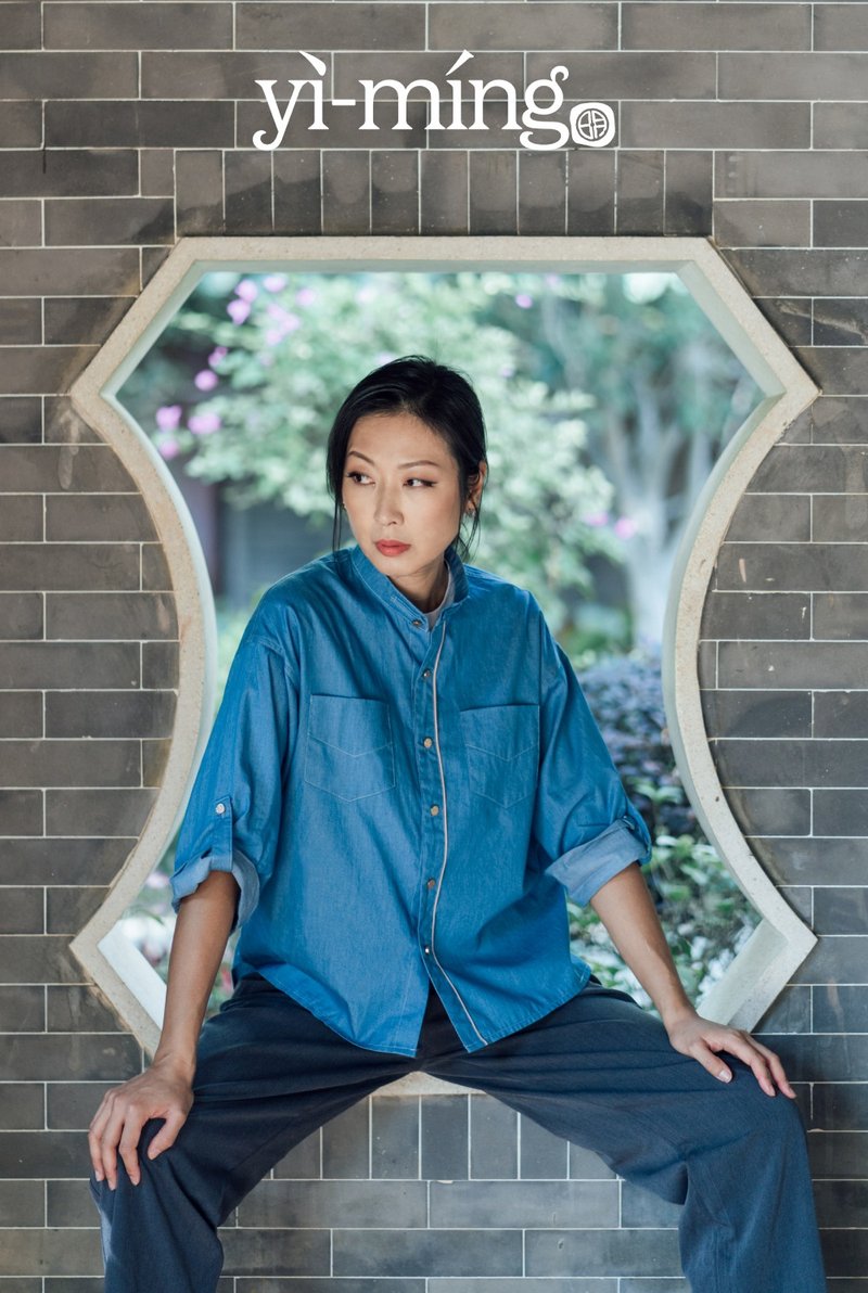 Yi-ming中式牛仔恤衫 - 女襯衫 - 棉．麻 藍色