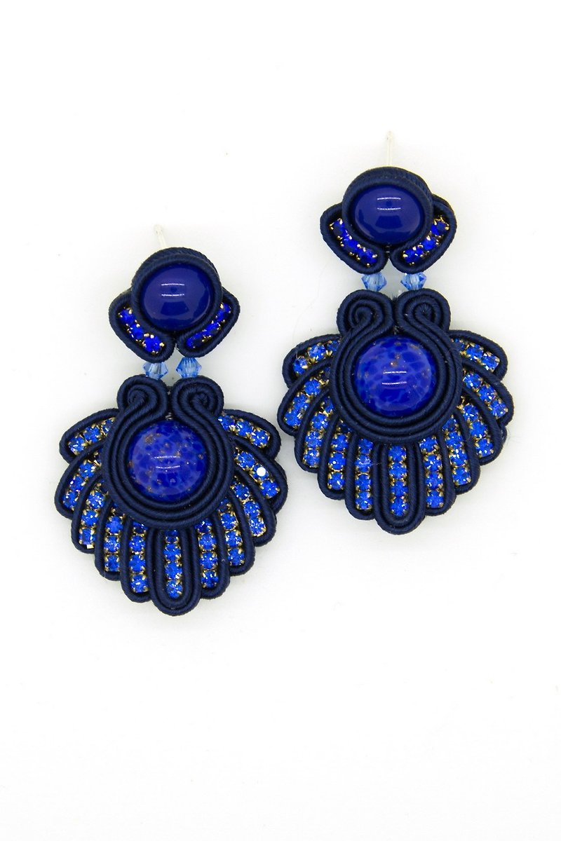 Earrings Navy blue earrings with glass cabochons and crystals Christmas Gift Wra - 耳環/耳夾 - 其他材質 藍色