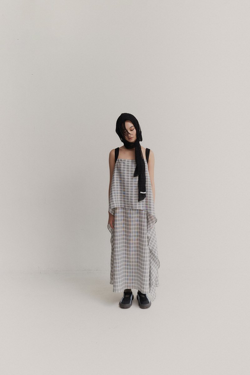 Layered strappy dress/black and white plaid - One Piece Dresses - Cotton & Hemp Black