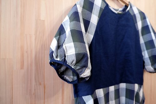 hikidashi 抽屜工作室 拉克蘭澎袖洋裝/ 綠藍格紋