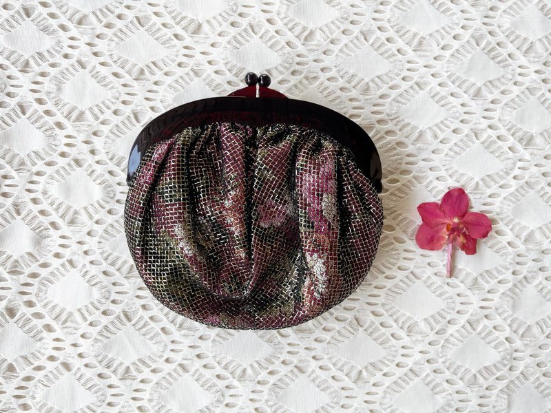 Beautiful 70s Japanese Vintage floral clutch with gold net layered, gold glitter - Clutch Bags - Polyester Gold