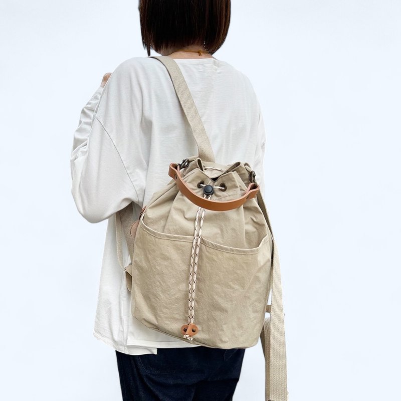 KONBU Small backpack, off-beige, water-repellent nylon material, drawstring backpack, made to order - กระเป๋าเป้สะพายหลัง - ไนลอน สีกากี