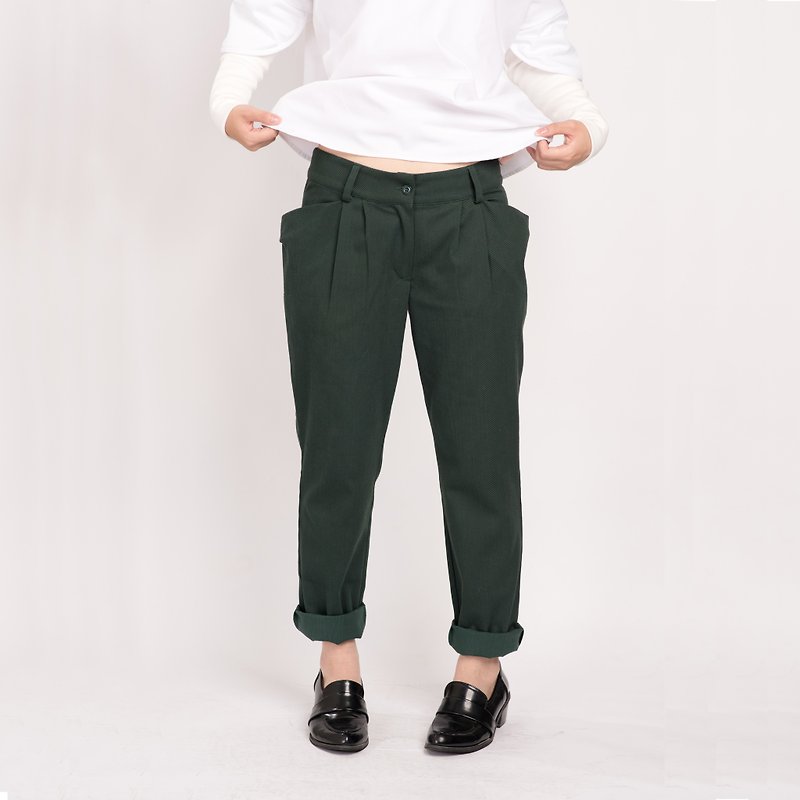 口袋設計 條紋綠 低腰老爺褲 - 女長褲 - 聚酯纖維 綠色