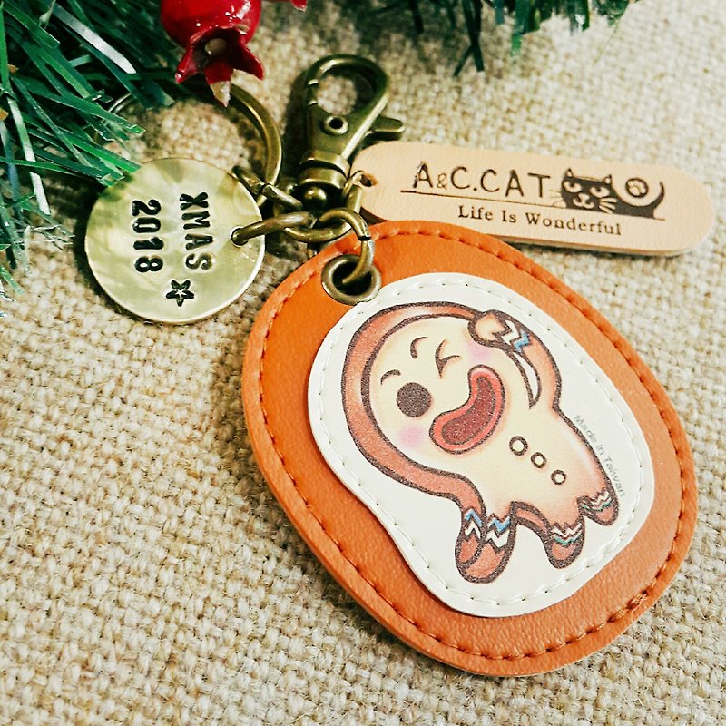 Clever Cat x City Cat Environmental Leather Custom Knockout Keyring (buckle) Gingerbread Man Jumping Christmas - Keychains - Other Man-Made Fibers Brown