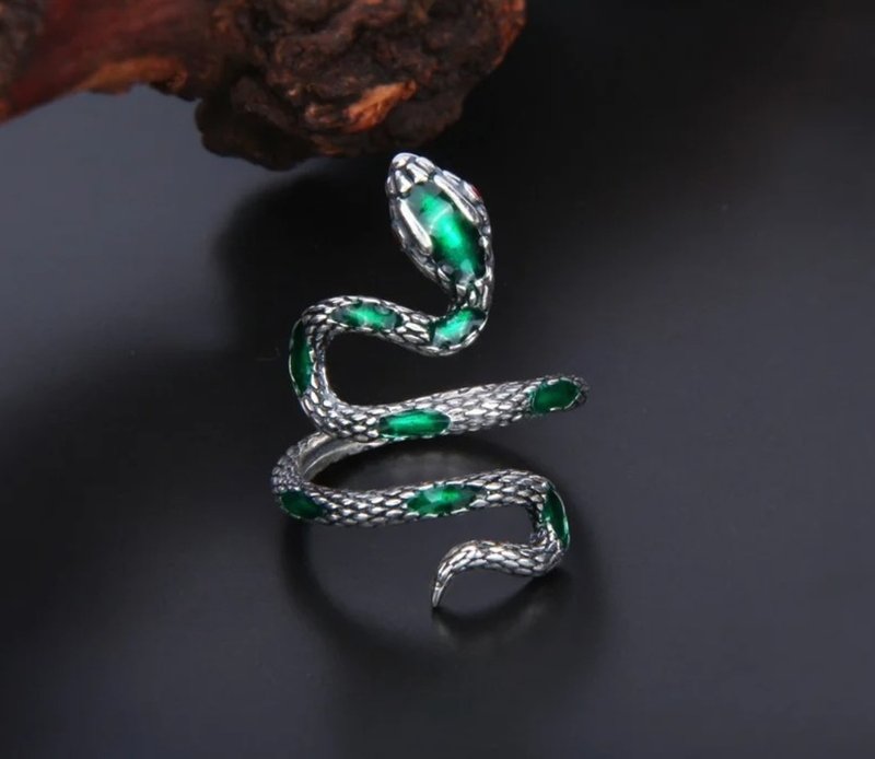 Enamel Green Snake Rings for Women Wide Exaggerated Rings 925 Sterling Silver - 戒指 - 純銀 綠色