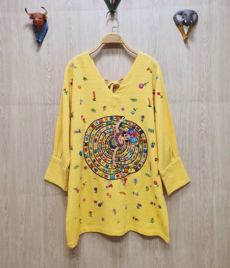 手工刺繡連衣裙、 墨西哥、 花、 亡靈節、 頭骨 - 洋裝/連身裙 - 繡線 黃色