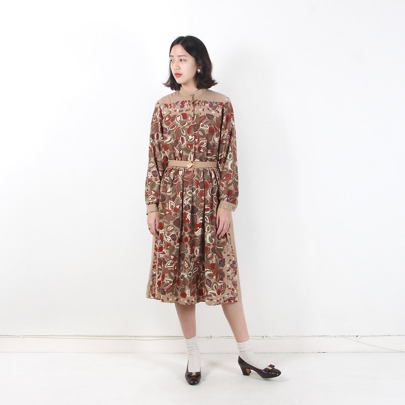 [Vintage] egg plant Autumn Feng Baihui printing vintage dress - One Piece Dresses - Polyester Khaki