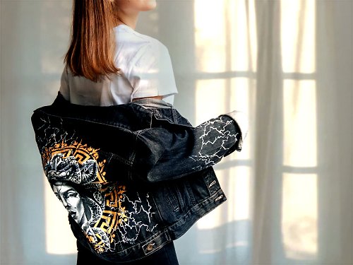 Armenian Traditional Women Inspired Hand Painted Denim Jacket
