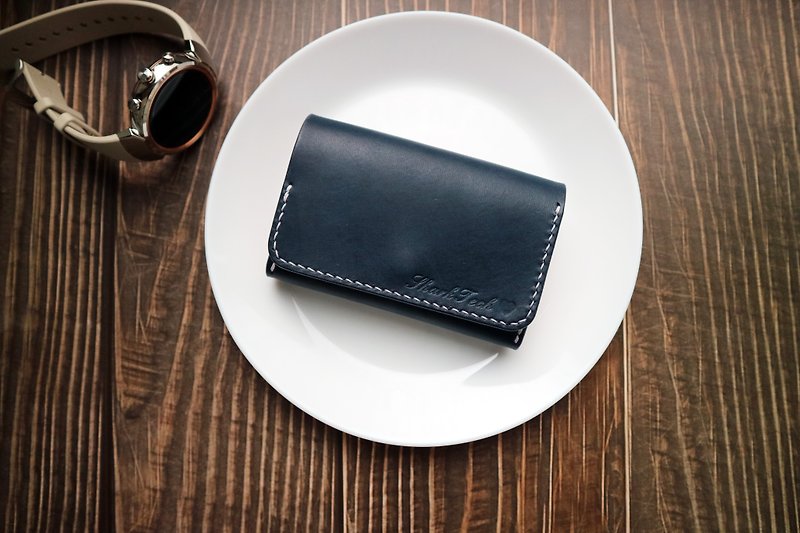 Yichuang small room | vegetable tanned leather hand-stitched dark blue and primary colors large-capacity business card holder business card holder - ที่เก็บนามบัตร - กระดาษ 