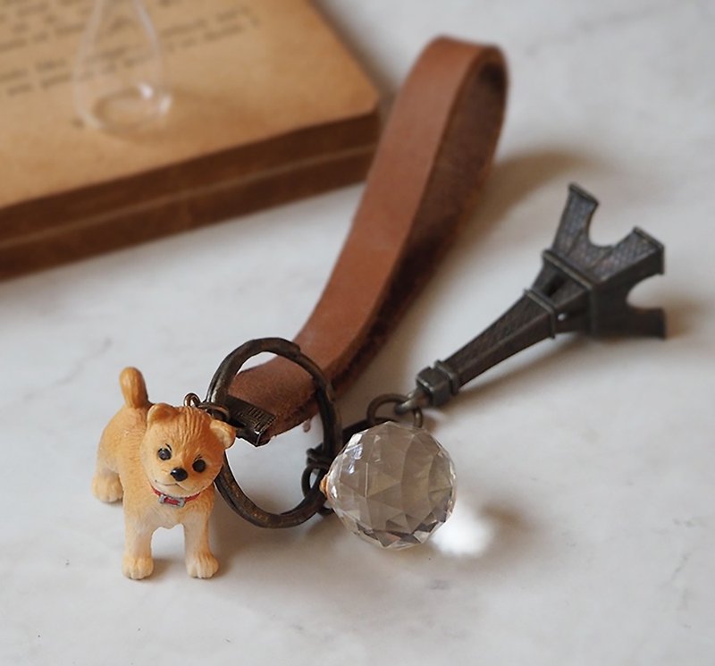 小動物樂園 柴犬 巴黎鐵塔 真皮皮革 鑰匙圈 P15 - 鑰匙圈/鑰匙包 - 真皮 咖啡色