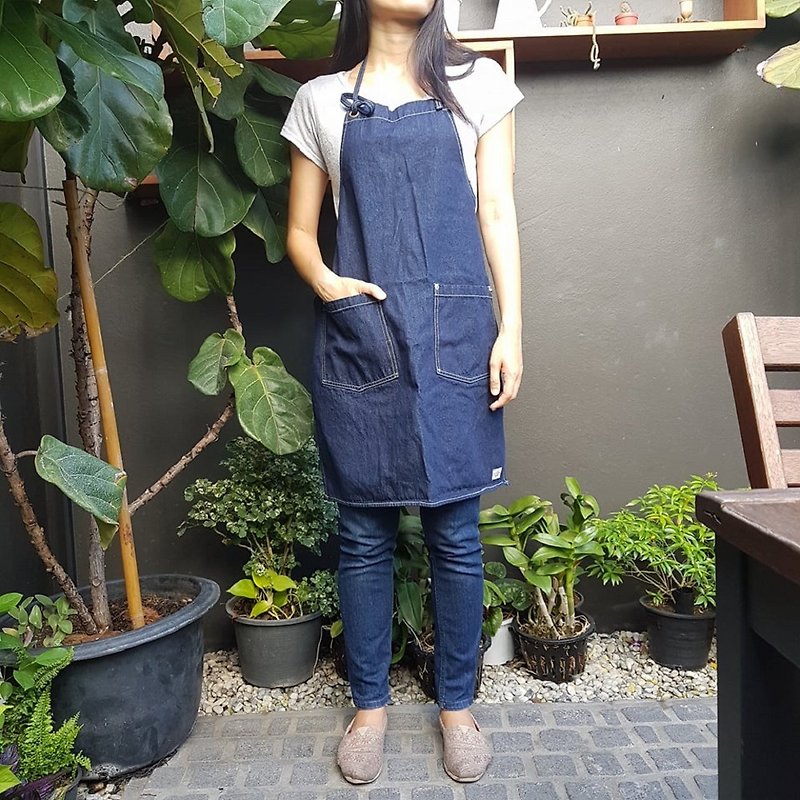 New Denim Washed Canvas Apron no.05 Silver rivets 2 pockets /garden/barista - Aprons - Other Materials Blue