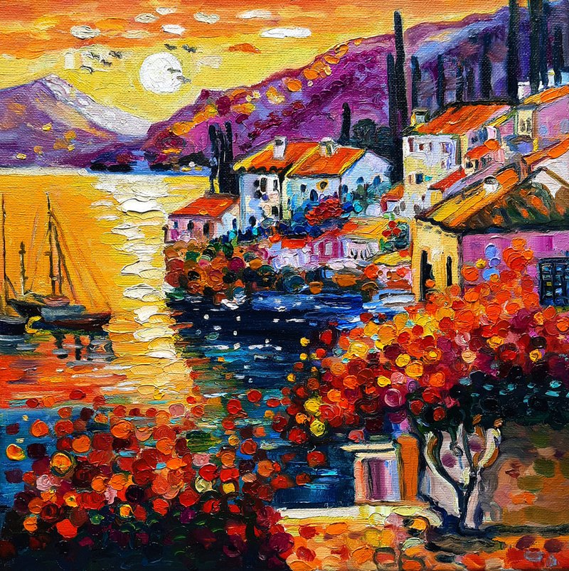 Italy Painting Sea  Art Original Art  Oil Painting  Wall Decor Oil On Canvas - Wall Décor - Other Materials Orange