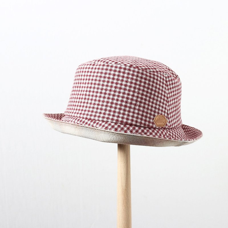 JOJA [limited] red and white small checkered / SM adjustable / single fisherman hat - หมวก - ผ้าฝ้าย/ผ้าลินิน สีแดง
