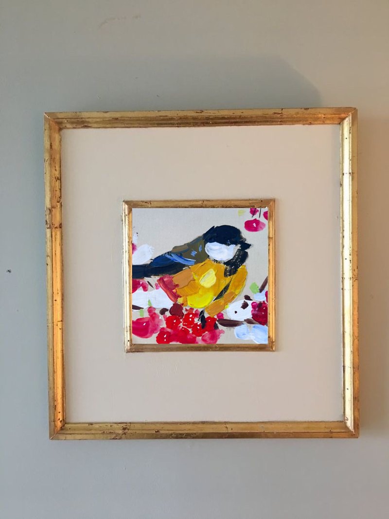 chickadee painting bird Original art Small Artwork Animal Art - โปสเตอร์ - อะคริลิค สีเหลือง