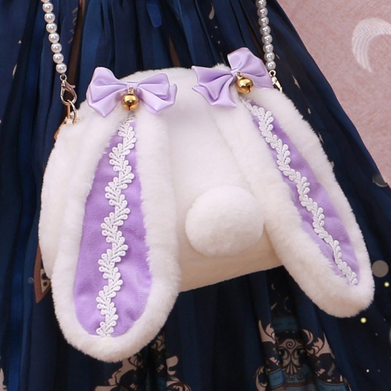 年糕兔團子兔子立體耳朵毛絨絨肩珍珠鍊背包小物包甜美【J1W6034 - 側背包/斜背包 - 棉．麻 