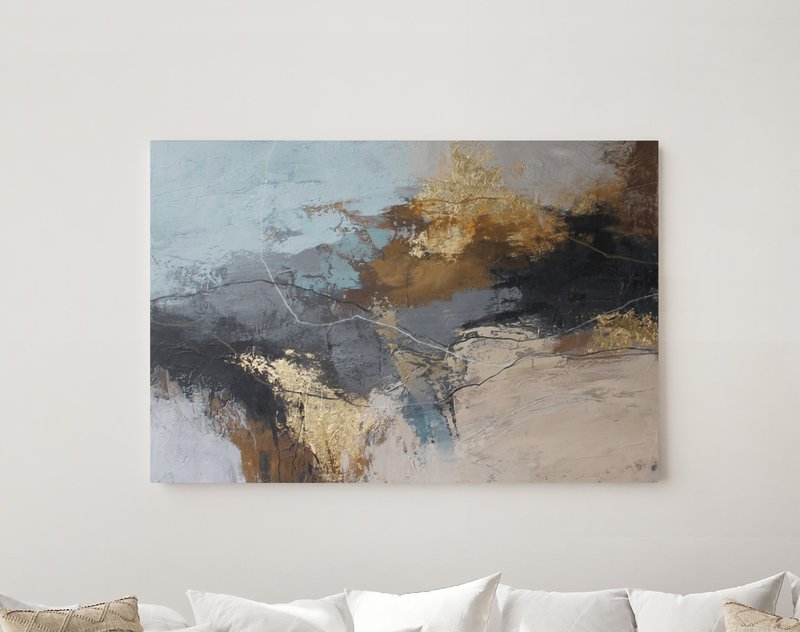 Gray Beige gold abstract painting | Blue and brown canvas art | Delight - 壁貼/牆壁裝飾 - 棉．麻 咖啡色