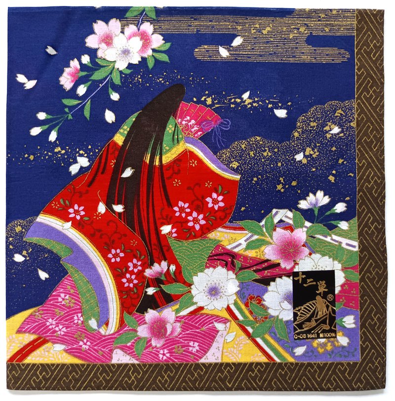 Tale of Genji Handkerchief: Japanese Vintage Cotton Art, Hana no En 17 inches - 手帕 - 棉．麻 紅色