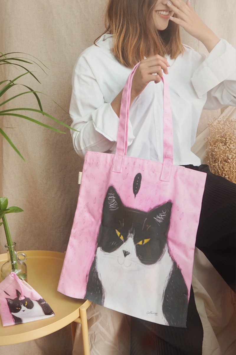 TOTE PRINT WITH CAT PINK - 手提包/手提袋 - 棉．麻 粉紅色