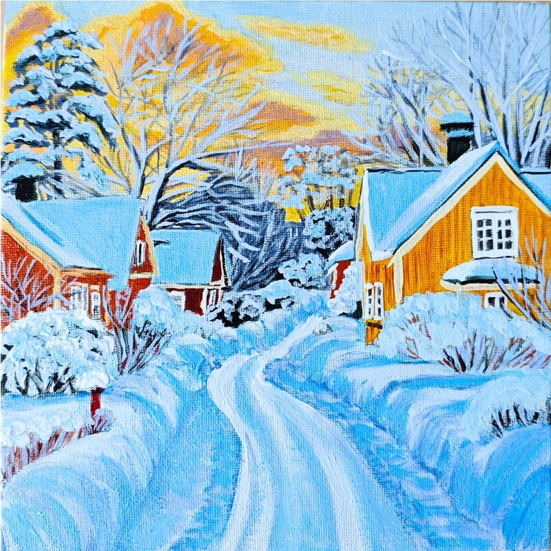RinaArtSK 創作的日落雪景冬日村莊原創藝術方形畫作 - 壁貼/牆壁裝飾 - 其他材質 多色