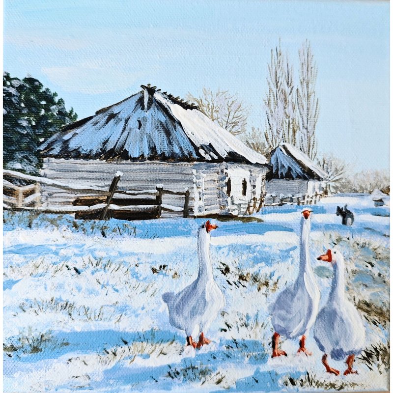 冬季鄉村雪景中的鵝群 RinaArtSK原創油畫作品 畫布材質。 - 壁貼/牆壁裝飾 - 其他材質 多色