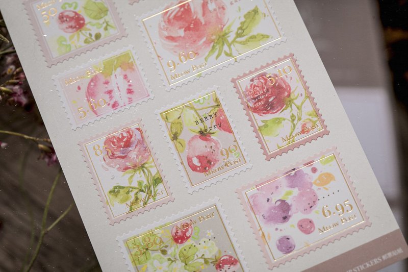 Foil Stamp Watercolor Stamp Sticker – Berry Garden - สติกเกอร์ - กระดาษ สีแดง