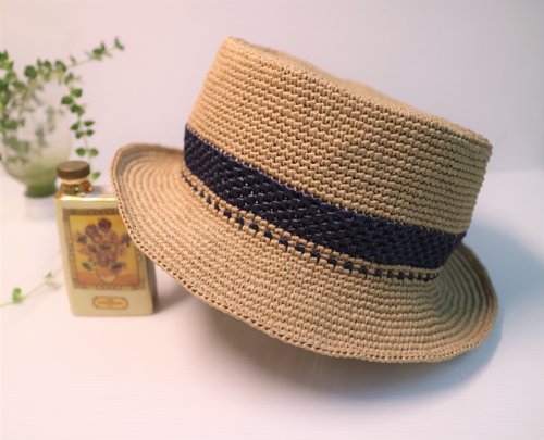 ハンドメイド　ベージュ 麦わらストローバケットハット① shopnikoniko 帽子 ハット バケットハット ストロー 深め