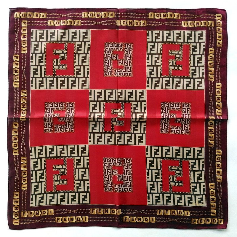 Fendi Vintage Scarf  with Logo and Jewelry Red 23 x 23 Inches, vintage scarf - ผ้าพันคอ - ผ้าฝ้าย/ผ้าลินิน สีแดง