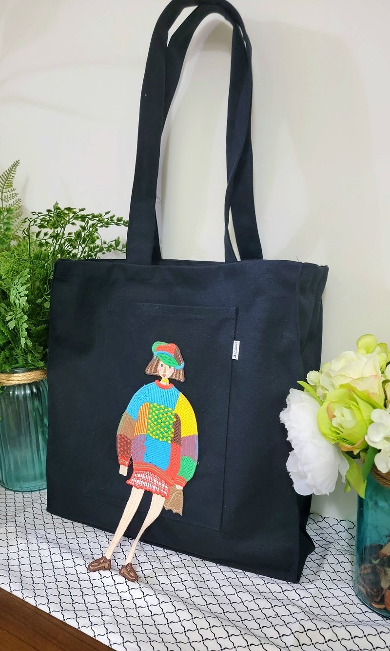 Plaid coat cartoon girl embroidered patch black canvas handbag cotton canvas handmade shoulder bag side back - Handbags & Totes - Cotton & Hemp 