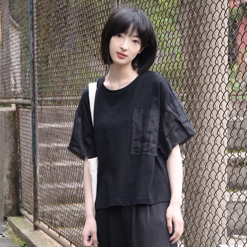 暗黑風短袖T恤|T恤|苧麻+棉|獨立品牌|Sora-135 - 女 T 恤 - 棉．麻 黑色